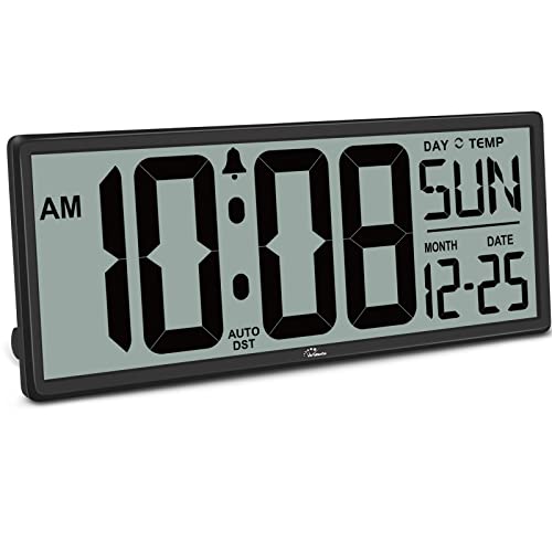 WallarGe 14.5'' Large Digital Wall Clock Battery Operated with Jumbo Numbers, Temperature and Date - Easy to Read and Set, Auto DST