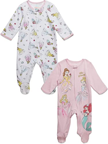 Disney Princess Belle Aurora Cinderella Infant Baby Girls 2 Pack Zip Up Sleep N' Plays/Pink 18 Months