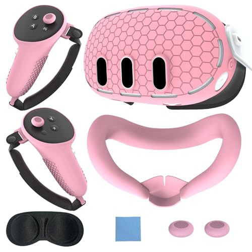Silicone Cover for Meta Quest 3, MTomatoVR Protective VR Cover Accessories for Meta Oculus, Soft Shell Skin, Face, Eyes & Lens Cover, Controller Grips Set (Pink, 6D)