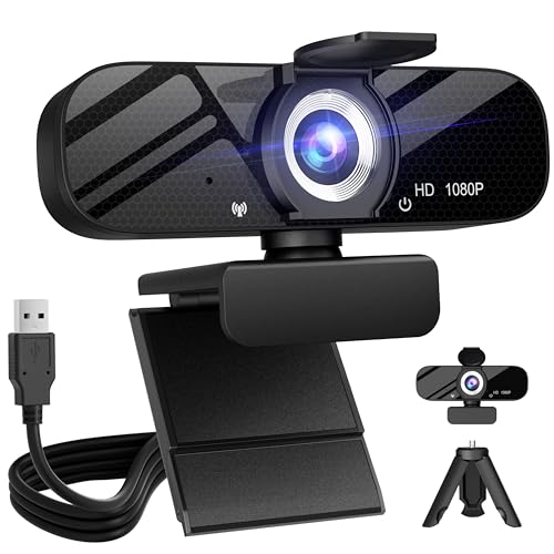 Full HD Webcam with Built-in Microphone and Rotatable Tripod, 1080P Video and Wide Angle Camera, Privacy Cover, for Desktop PC or Laptop Computer