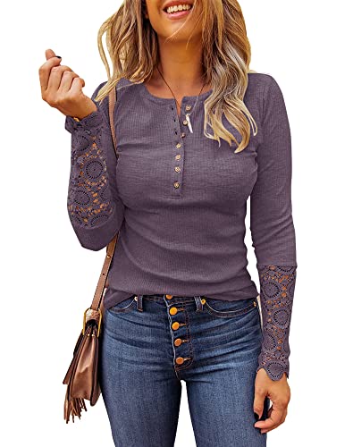 Limerose Women's Long Sleeve Lace Trim Tunic Tops Button Down Casual Blouse Cute Crew Neck Ribbed Shirt Purple