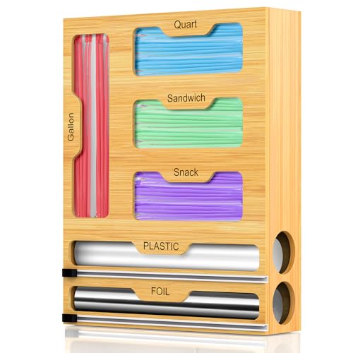 Lawmoliw Bag Storage Organizer for Kitchen Drawer, 6 in 1 Foil and Plastic Wrap Dispenser with Cutter, Bamboo Plastic Bag Food Baggie Organizer for Gallon, Quart, Sandwich, Snack