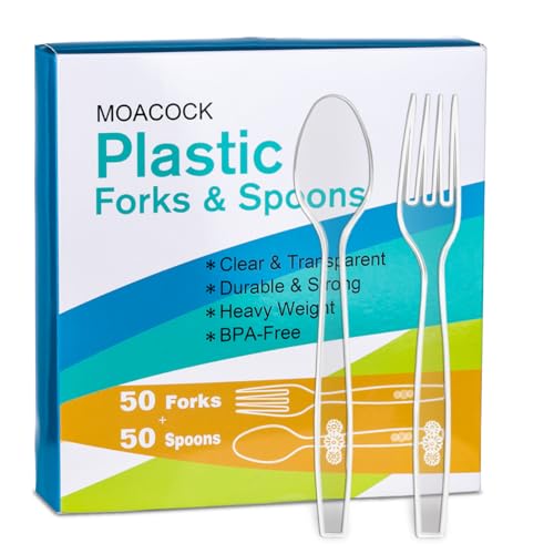 MOACOCK 100 Count Plastic Silverware, Heavy Weight Plastic Forks Spoons Disposable Utensils Cutlery Set for Wedding Party Supplies Everyday Use