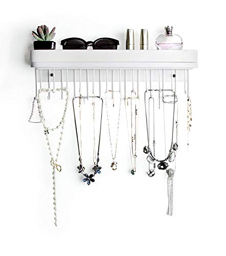 J JACKCUBE DESIGN Necklace Holder Wall Mounted Jewelry Organizer for Bracelet, Earrings and Rings with 25 Hooks - Aesthetic Room Decor Bedroom Shelf Rack (White) - MK124C