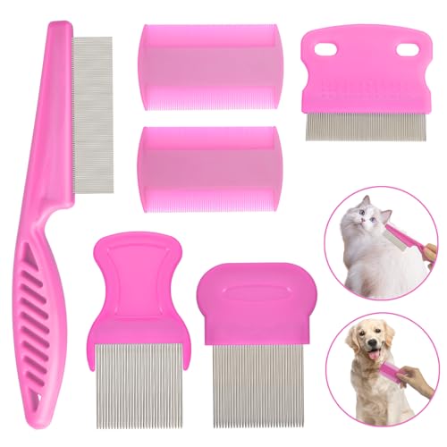 Flea Comb for Cats and Dogs, 6 Pack Pet Lice Comb Set Eye Comb Flea Combs Pet Grooming Pets for Small, Medium & Large Pets (Pink)