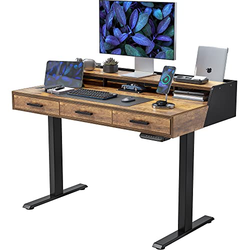 FEZIBO Electric Standing Desk with Drawers, 48x24 Inch Standing Desk Adjustable Height, Stand Up Desk with Monitor Shelf, Sit Stand Home Office Desk, Rustic Brown