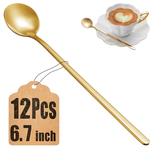 12 Pcs Coffee Spoons Set, 6.7 Inches Gold Tea Spoons Long Handle, Stirring Spoons, Gold Small Teaspoons, Food Grade Stainless Steel Gold Spoons, Long Spoons for Stirring, Gold Metal Espresso Spoons