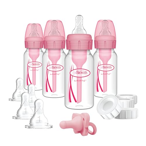 Dr. Brown's Anti-Colic Baby Feeding Set with Slow Flow Nipples, Travel Caps, Silicone Pacifier - Pink