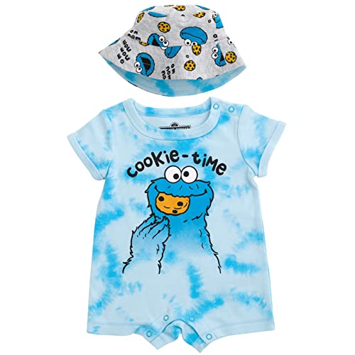 Sesame Street Cookie Monster Infant Baby Boys Romper and Hat Tie Dye Blue/Gray 12 Months