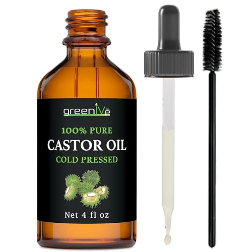 GreenIVe Castor Oil Organically Grown 100% Pure 4oz Glass Bottle Cold Pressed, Hexane Free, Eyelash and Eybrow Growth Serum, Skin Moisturizer with Eyelash Applicator and Dropper
