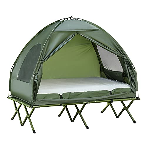 Outsunny 2 Person Foldable Camping Cot with Tent, Bedspread and Thick Air Mattress, 4-in-1 Elevated Camping Bed Tent for Outdoor Hiking, Picnic, Travel