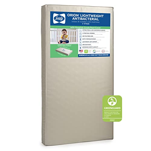 Sealy Crib Mattress & Toddler Bed Mattress| Orion 2-Stage Sustainable Antibacterial Baby Mattress, Lightweight, GREENGUARD Air Quality Certified - Made in USA, 52'x28'