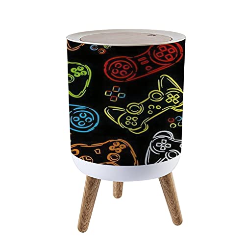 CAKOJV188 Round Trash Can with Press Lid Seamless Abstract with Colorful Silhouettes Joystick Game for Boys Small Garbage Can Trash Color