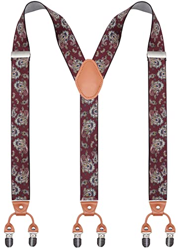 Bioterti Men’s Y-Shaped Heavy Duty Suspenders – 6 Metal Clips, Elastic Straps (Burgundy Paisley)