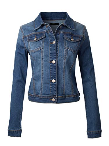 Design by Olivia Women's Classic/Destroyed Vintage Washed Long Sleeve Denim Jean Jacket Medium Denim L