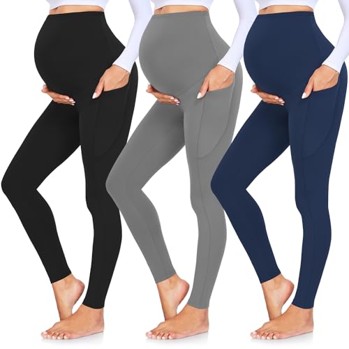 GROTEEN 3 Pack Women's Maternity Leggings Over The Belly with Pockets Super Soft Workout Pregnancy Yoga Pants