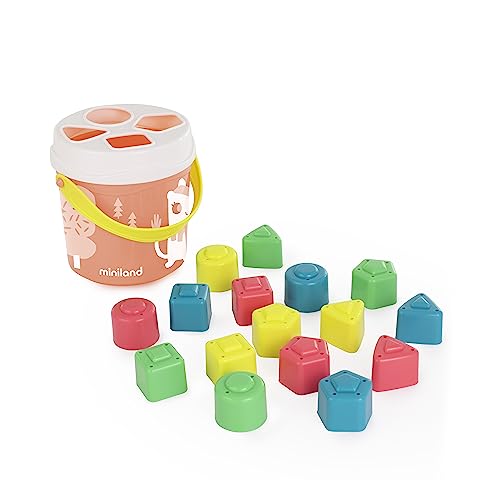 Miniland Feel to Learn Salmon Shape Sorting Bucket for Children from 1 to 2 Years. 16 Multicolored Pieces with Different Shapes. Made in Spain with ECO Materials