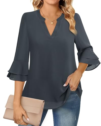 Lotusmile Work Blouses for Women, Business Casual Clothes for Women Fall Dressy 3/4 Sleeve Tops Elegant V Neck Formal Office Blouse Chiffon Tunic (Lava Grey, L)