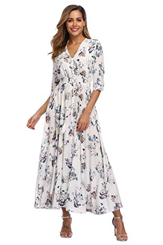 VintageClothing Women's Floral Maxi Dresses with Sleeves Flowy Boho Beach Party Dress Casual Summer Dress, L