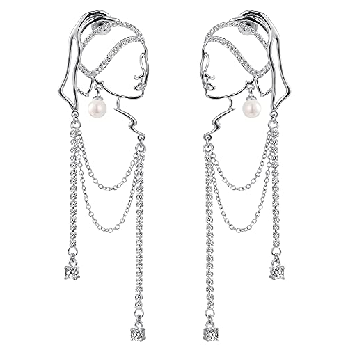 Unique abstract face Art earrings dangle statement long earrings for women girl rhinestone tassel handwork earrings jewelry fashion chandelier earrings (silver)