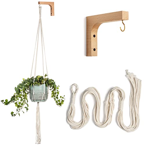 atEarth Macrame Plant Hanger & Mount - Simple Modern Macrame & Wooden Bracket Wall Hook & Flower Pot Holder Kit, Wood Bracket Plant Stand & Hanging Planter Basket Indoor Handmade Cotton Rope