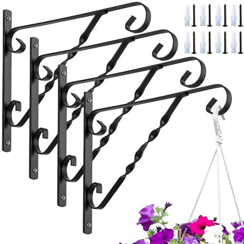 AMAGABELI GARDEN & HOME 4 Pack Hanging Plants Bracket 12' Outdoor Hanger Planter Hooks Flower Baskets Pot Bird Feeder Lanterns Hanger Garden for Wall Fence Screw Mount Arm Metal Black BG154