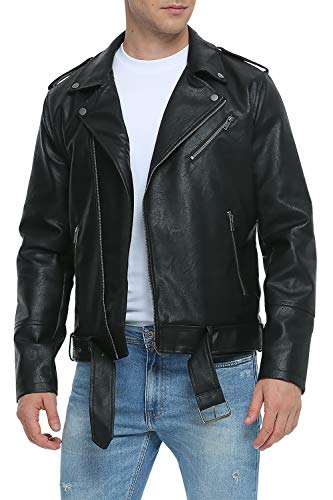 Fahsyee Leather Jackets for Men, Faux Bomber Jacket Men Motorcycle Lapel Asymmetric Zip-Up Blet Slim Fit Biker Coat Black L