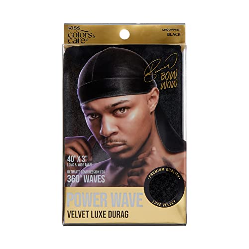 KISS COLORS & CARE Power Wave Velvet Luxe Durag - Black, Breathable, Stretchy Velvet Fabric Ideal For Wave Formation & Overnight Comfort, Stylish & Practical For All Hair Types, 0.13 pounds