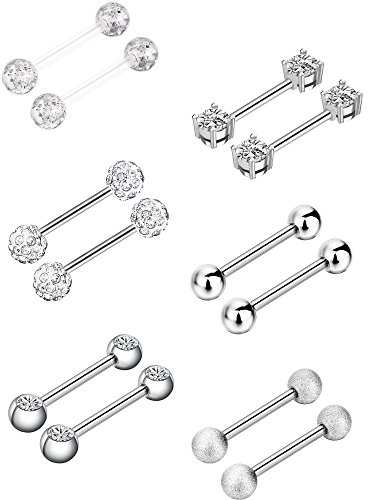 Sumind 6 Pairs Nipple Bars Surgical Stainless Steel Piercing Barbell Ring Tongue Ring Cubic Zirconia Nipple Rings Body Piercing Jewelry, 14 Gauge