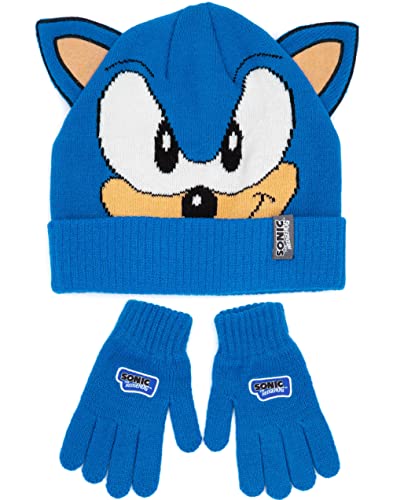 Sonic the Hedgehog Hat and Gloves Kids Blue 3D Ears Knitted Beanie