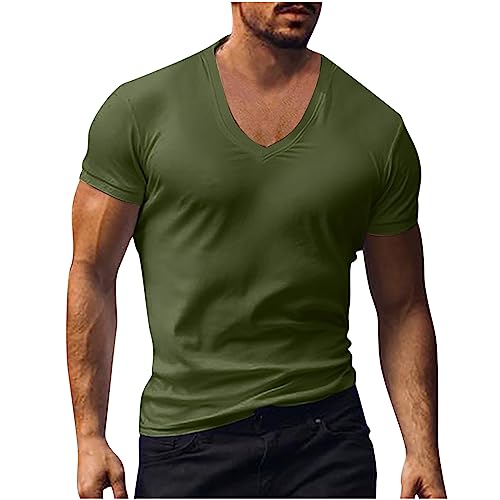 Deep V Neck T Shirt for Men Low Cut Vneck Tee Invisible Tshirt Top Scoop Hem Slim Fit Gym Bodybuilding Tee Shirt Blouse Army Green