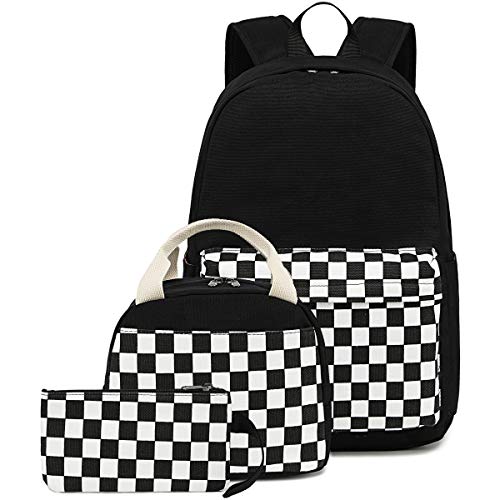 CAMTOP School Backpack Canvas Laptop Backpack Teens Bookbag Set Lunch Bag Pencil Case for Girls Boys(Checkerboard Black)