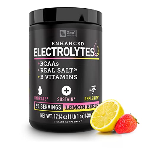 Electrolyte Powder Recovery Drink (90 Servings | Lemon Berry) w Real Salt +BCAAs +B-Vitamins Sugar Free Electrolyte Supplement w Potassium Zinc & Magnesium for Hydration - Keto Electrolytes