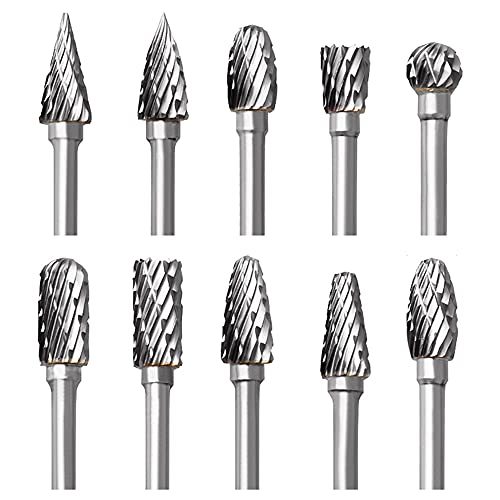 Tungsten Carbide Rotary Burr Set for Dremel, 10PCS Carbide Double Cut Carving Burr Bits with 1/8” Shank Rotary Tool Accessories for Woodworking, Engraving, Drilling, Steel Metal Working