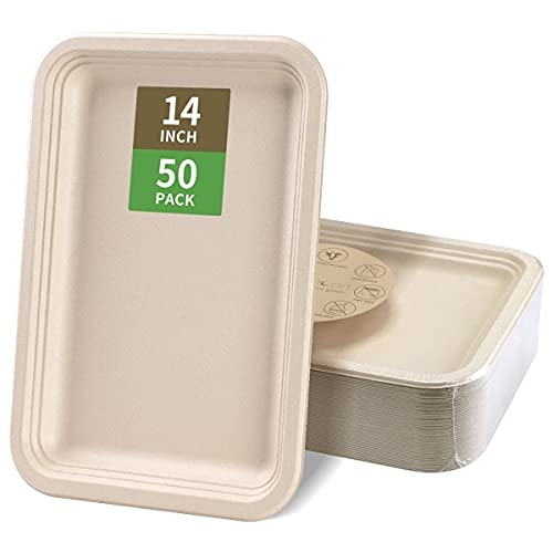 bloomoon 50 Pack 14 Inch Disposable Food Trays Heavy Duty, Large Paper Plates 14 inch Compostable Platters Plates for Crawfish, Crab, Lobster, Seafood Crawfish Boil Party Supplies