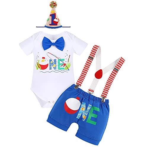 The Big One Birthday Outfit Baby Boys Bowtie Romper Suspenders Shorts Hat Gone Fishing Themed First Birthday Party Supply O-Fish-Ally One Cake Smash Photo Shoot # Royal Blue - Fish One 12-18 Months