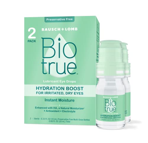 Biotrue Hydration Boost Drops, Soft Contact Lens Friendly for Irritated and Dry Eyes from Bausch + Lomb, Preservative Free, Naturally Inspired, 0.33 FL OZ (10 mL), Pack of 2
