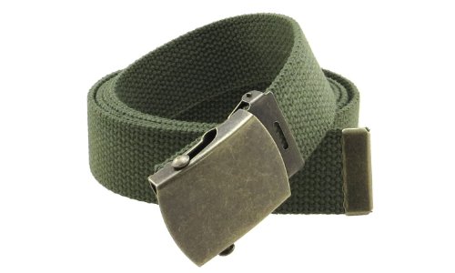 Canvas Web Belt Military Style with Antique Brass Buckle and Tip 50' Long (Olive)