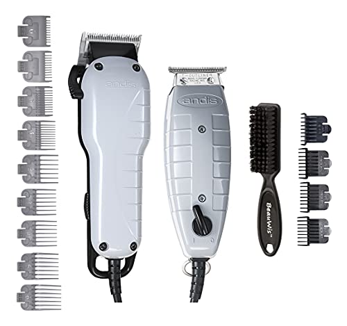 Andis Barber Combo-Powerful High-Speed Adjustable Clipper Blade & T-Outliner T-Blade Trimmer with fine Teeth for Dry Shaving, outlining and Fading with a BeauWis Blade Brush Included