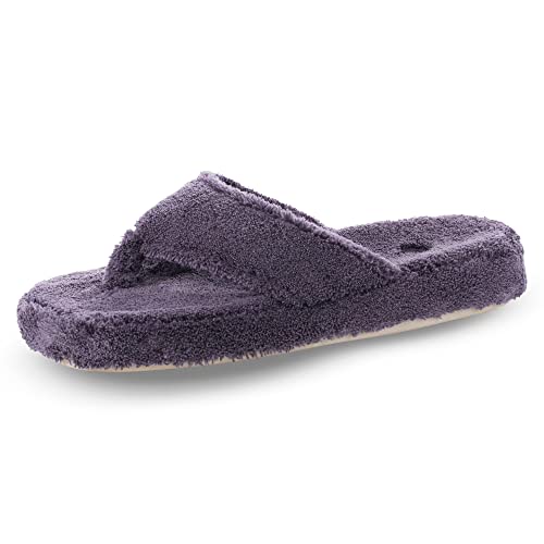 Acorn Women's Spa Thong Slippers - House Slippers, Memory Foam Layers of Cloud Like Arch Support and Plush Fluffy Terry Lining, Soles in a Comfortable Flip Flop Style, Squid Ink, 8-9 US