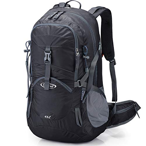 G4Free 45L Hiking Travel Backpack Waterproof with Rain Cover, Outdoor Camping Daypack for Men Women (Black)