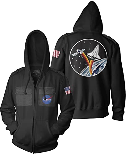 Ripple Junction NASA Men's Full Zip-Up Hooded Sweatshirt Space Shuttle Logo American Flag Patch Fleece Hoodie Large Black