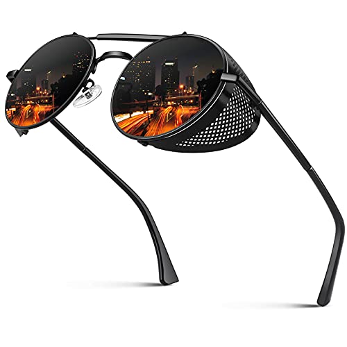 CGID Polarized Sunglasses for Women Men Steampunk Retro Round Unisex Eyewear Glasses UV400,Side Shield Goggles Gothic Sun Glasses Black Frame Grey Lens
