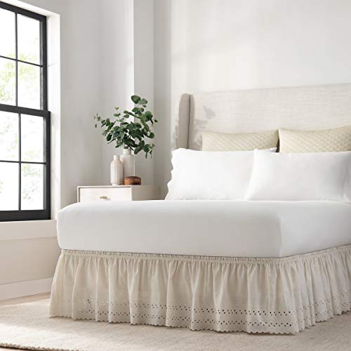 EASY FIT Eyelet Elastic Wrap Around Bed Skirt, Easy On/Off Dust Ruffle (18 Inch Drop), Queen/King, Ivory