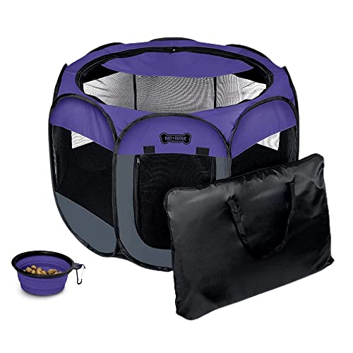 Ruff 'n Ruffus Portable Foldable Pet Playpen + Carrying Case & Collapsible Travel Bowl | Indoor/Outdoor use | Water Resistant | Removable Shade Cover (Large (36' x 36' x 23') Free Bonus)