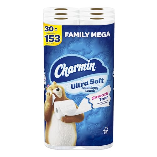 Charmin Ultra Soft Cushiony Touch Toilet Paper, 30 Family Mega Rolls = 153 Regular Rolls