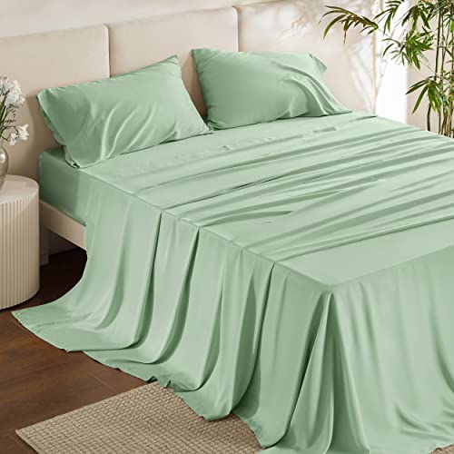 Bedsure Queen Sheets, Rayon Derived from Bamboo, Queen Cooling Sheet Set, Deep Pocket Up to 16', Breathable & Soft Bed Sheets, Hotel Luxury Silky Bedding Sheets & Pillowcases, Sage Green