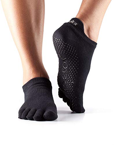 toesox Women's Low Rise Full Toe Grip Non-Slip for Ballet, Yoga, Pilates, Barre Toe Socks, Medium, Black