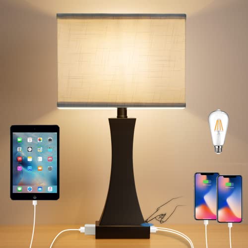 Table Lamp for Bedroom 3-Way Dimmable Touch Control Bedside Lamp with USB A+C Port and 1 AC Outlet OYedis 21.6inch Tall Nightstand Lamp for Living Room Office and Hotel Bulb Included
