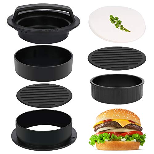 3 in 1 Stuffed Burger Press Patty Maker Rings Molds Kit, Non Stick Stuffer Hamburger Press Patty Maker - with 100 Pcs Wax Hamburger Patty Paper, Sausage Patty Press for Slider/Pattie/Grilling HAHAYOO